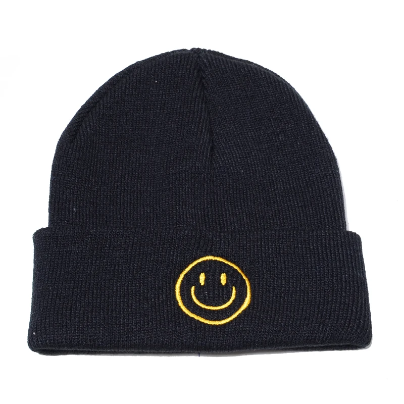 Smiley face Beanie женские и мужские хлопковые шапки-бини, одноцветная хип-хоп Skullies, зимние трикотажные изделия, вязаная шапка унисекс