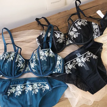 

Wriufred Sexy ultra-thin bra sets no sponge bras ladies large size lace underwear suit temptation embroidery lingerie sets