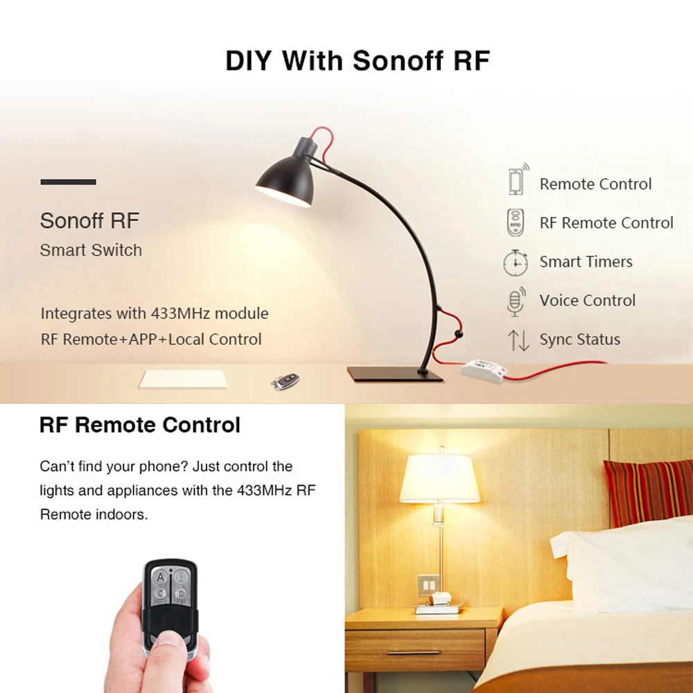 SONOFF RF DIY беспроводной WiFi переключатель Socket Module с RM433 дистанционное управление и база для интеллектуального домашнего приложения дистанционное управление