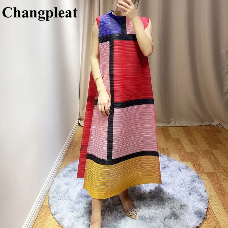 Changpleat летние новые женские платья Miyak плиссированные Модные клетчатые дизайнерские свободные большие размеры стоячий воротник женское платье А-силуэта