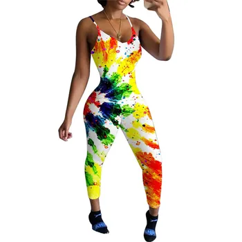 

Gradient Print Spaghetti Straps Jumpsuit Fashion Women Sexy V Neck Slim Bodycon Jumpsuits Rompers Club Playsuit S-2XL 5 Colors