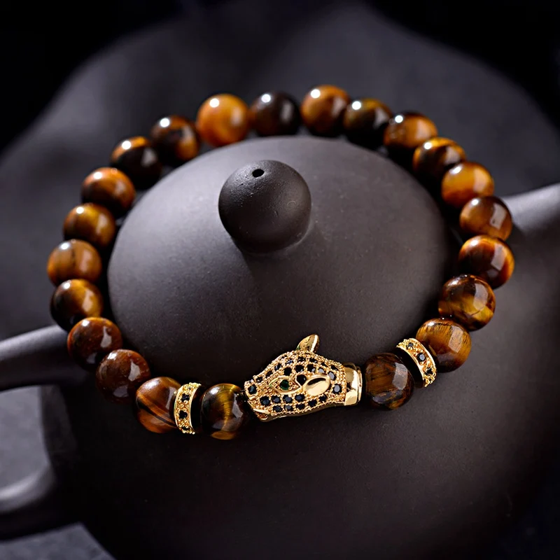

Classic Leopard Men Bracelets 8mm Natural Tiger Eye Stone Beads Bracelet Men Chakra Bangles Bijoux Men Jewelry