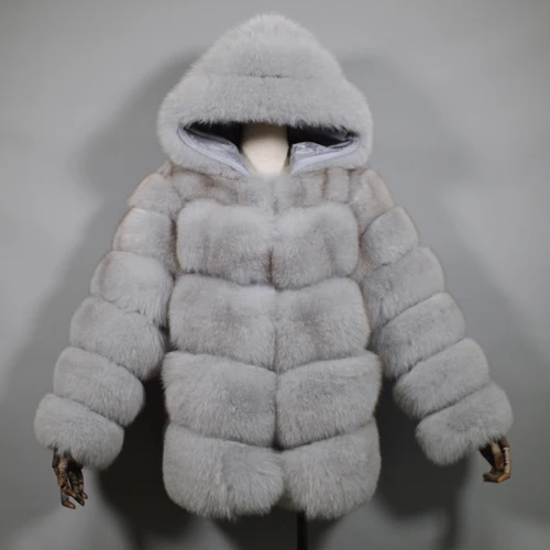light gray Новинка, роскошное Женское зимнее плотное пальто с капюшоном из натурального Лисьего меха, куртка из натурального Лисьего меха высокого качества, пальто с капюшоном из натурального Лисьего меха - Цвет: light gray