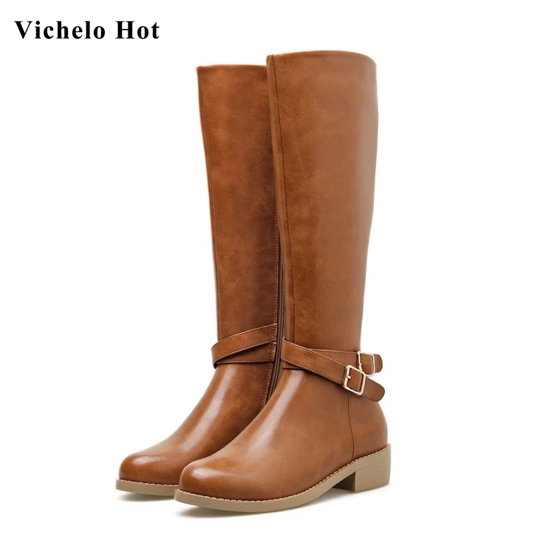 

Vichelo Hot winter genuine leather European style solid zip round toe med heels women keep warm belt buckle knee high boots L19