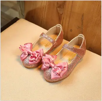 

New Bowtie Children Little/Big Girls Leather Shoes Sequins Baby Dress Shoes For Girls School Purple Gold Party Princess Shoes