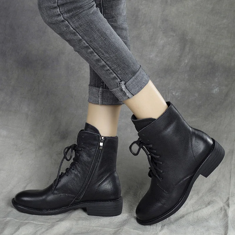 

Women Winter Boots Leather Low Heels Shoes Black Casual Ankle Boots Women Lace Up Handmade Genuine Leather Motorcycle Boots 2019