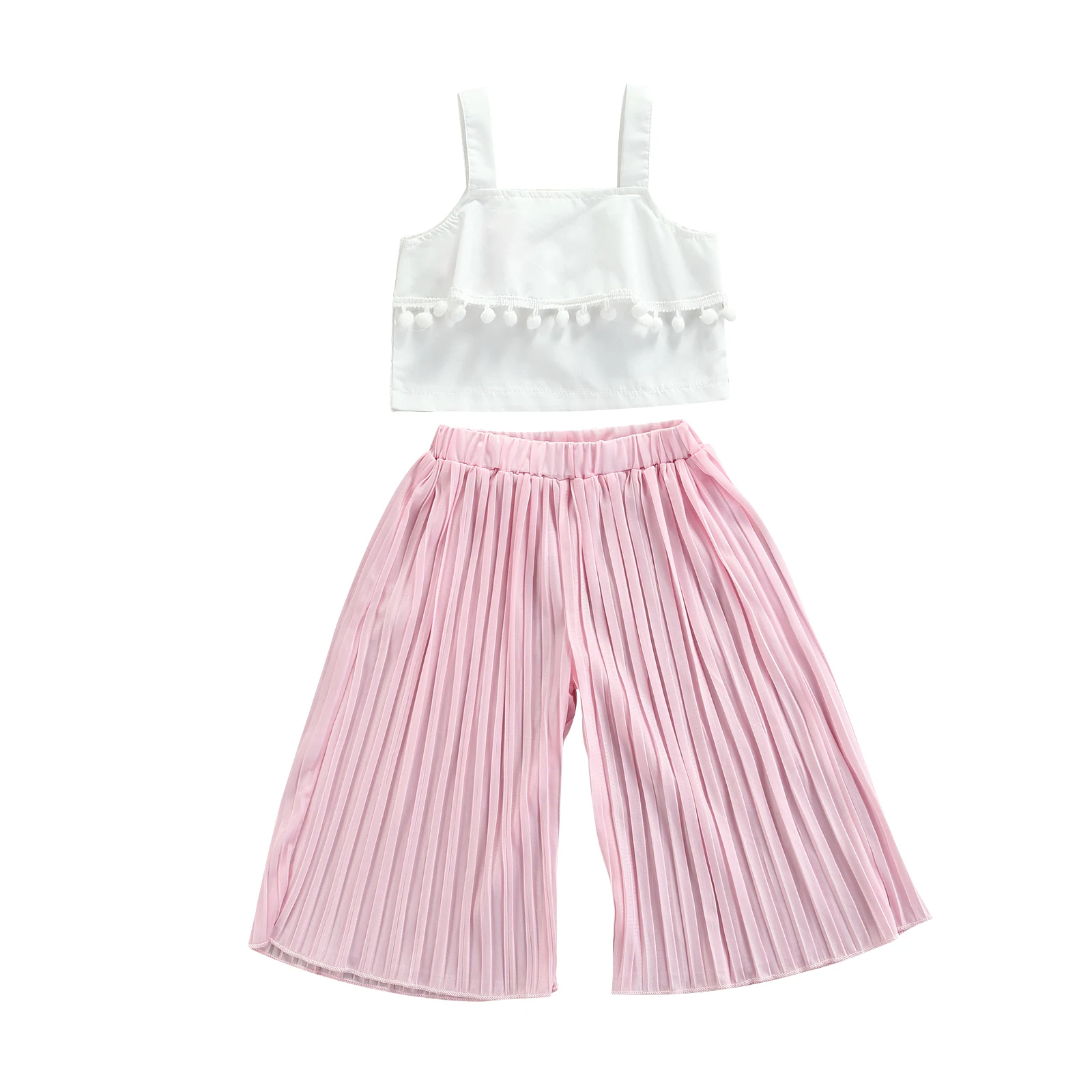 Baby Girls Clothes Solid Color Plush Ball Decoration Sleeveless Suspender Top + Ruched Wide Leg Pants Set | Мать и ребенок