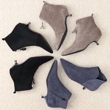 Черные зимние ботинки; женская обувь; Женские однотонные ботинки на молнии с острым носком на высоком каблуке; ковбойские ботильоны на резиновой подошве в западном стиле