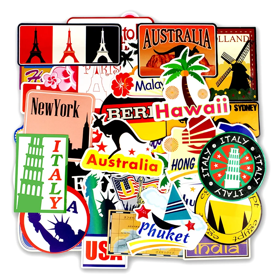 100 PCS Travel Graffiti Stickers Around the World Retro Building Sign Funny Decal Sticker to DIY Luggage Laptop Phone Car Fridge