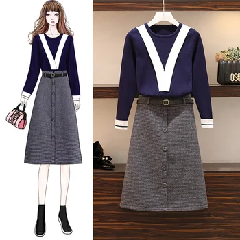 

New 2019 Fall Winter Two Piece Set Plus Size Women Knitted Hit Color Loose Sweater + Tweed Plaid Button A Line Belt Skirt Suits
