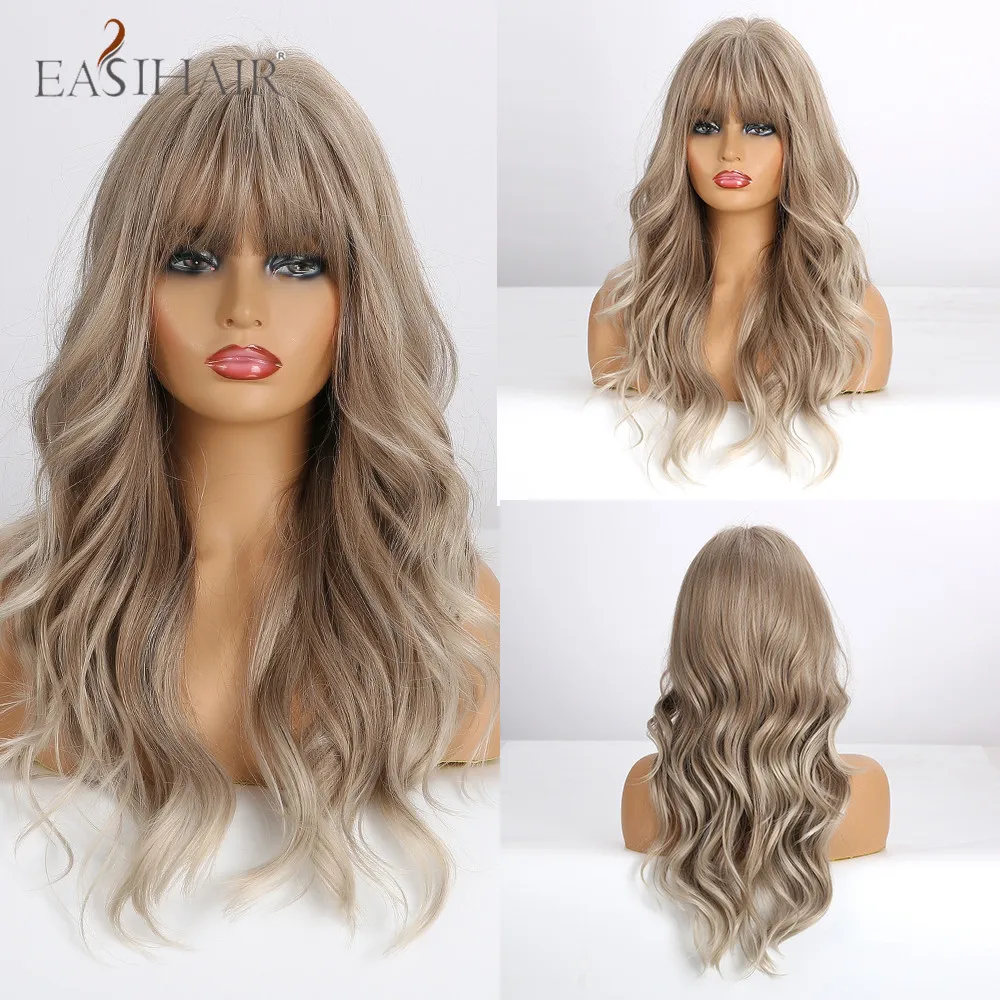 

EASIHAIR Long Ombre Blonde Female Wigs With Bangs Heat Resistant Synthetic Wigs for Women Water Wave Daily Natural False Hair