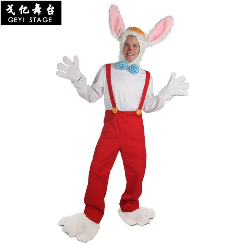 Adult costume Вечерние костюмы на Хэллоуин для мужчин, костюм Роджера кролика Роджера, костюм для косплея, топ+ штаны+ шляпа+ бахилы+ бант - Цвет: Adult costume