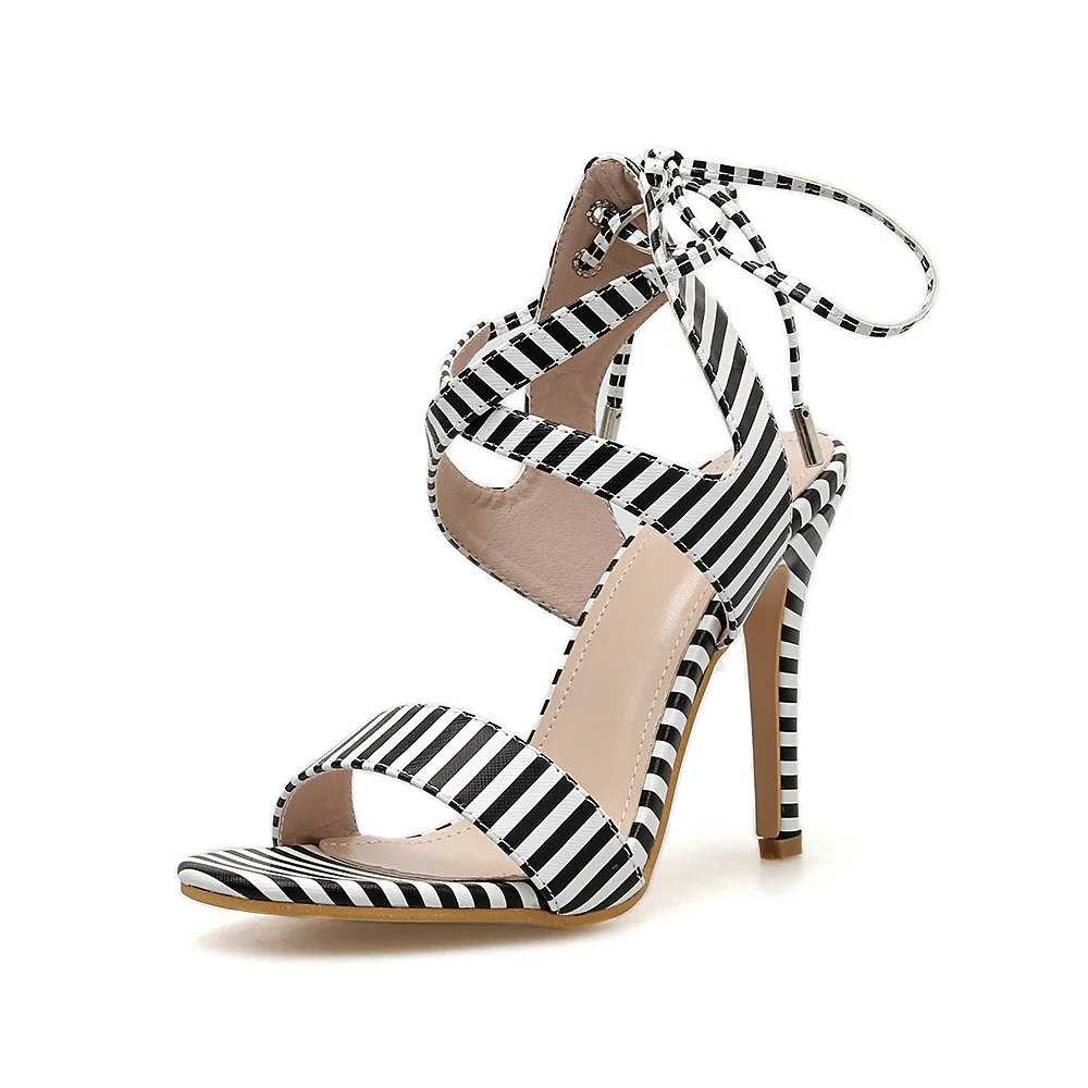 

Nice Foreign Trade Tide woMen Shoes European And American Style Super High Heel Fine With Stripes Color Matching Strap Sandals