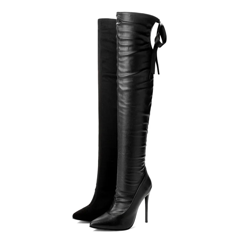 pu black Модные эластичные высокие сапоги до бедра; женские пикантные ботфорты на высоком каблуке; Цвет Черный; женская обувь больших размеров; осенне-зимняя обувь с высоким голенищем - Цвет: pu black