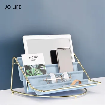 

JO LIFE Ironwork Multi-layer Leather Tabletop Storage Rack Nordic Style Office Stationary Desktop Phone Rack