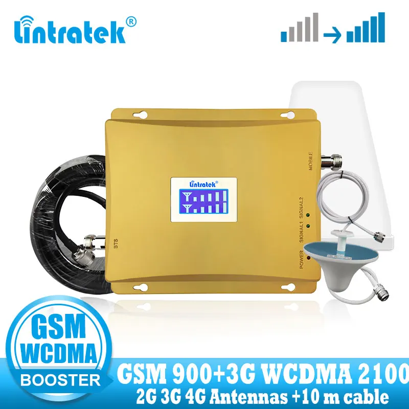 Lintratek 3g WCDMA 2100 МГц GSM 900 МГц двухдиапазонный усилитель сигнала мобильного телефона GSM повторитель сигнала 3G 4G антенны+ кабель