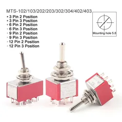 5PCS Miniature Toggle Switch   MTS-102/103/202/203/302/304/402/403 ON-ON  ON-OFF-ON 3A250V 6A125V 3/6/9/12 Pin Mounting 6mm