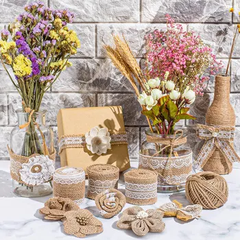 

30PCS Burlap Flowers Set,Include 5 Lace Burlap Ribbon Rolls,24 Handmade Burlap Flowers and Bowknots,1Twine Ribbon for Wedding Pa