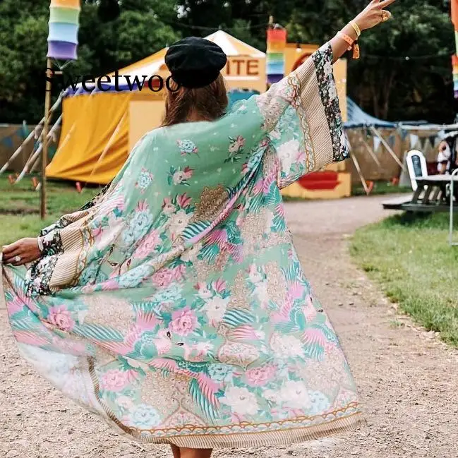 kimono Wrapped coat for women rayon boho green floral print summer coat beach wear long 2020