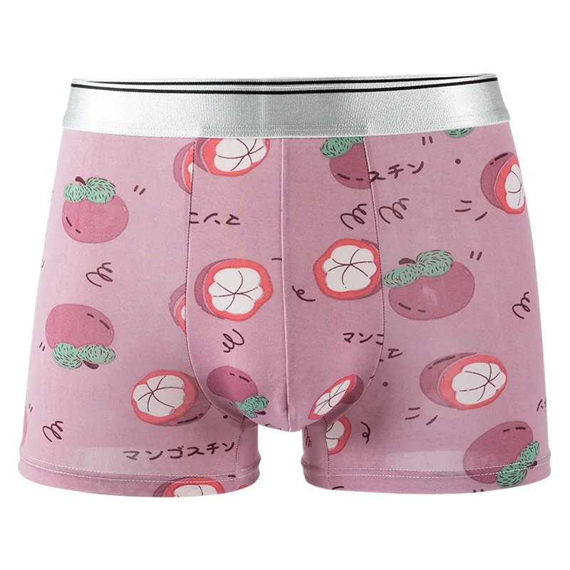 

3XL Large Size Summer Ice Silk Breathable Fashion Yong Man Fruit Print Boxers Thin Middle Waist Elasticity Cartoon Underwear