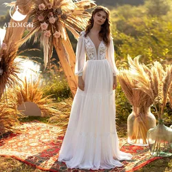 Aedmgh A-Line Beach Wedding Dresses 2021 V-Neck Long Sleeve Robe De Mariee Appliques Tulle Boho Custom Made Vestido De Novia
