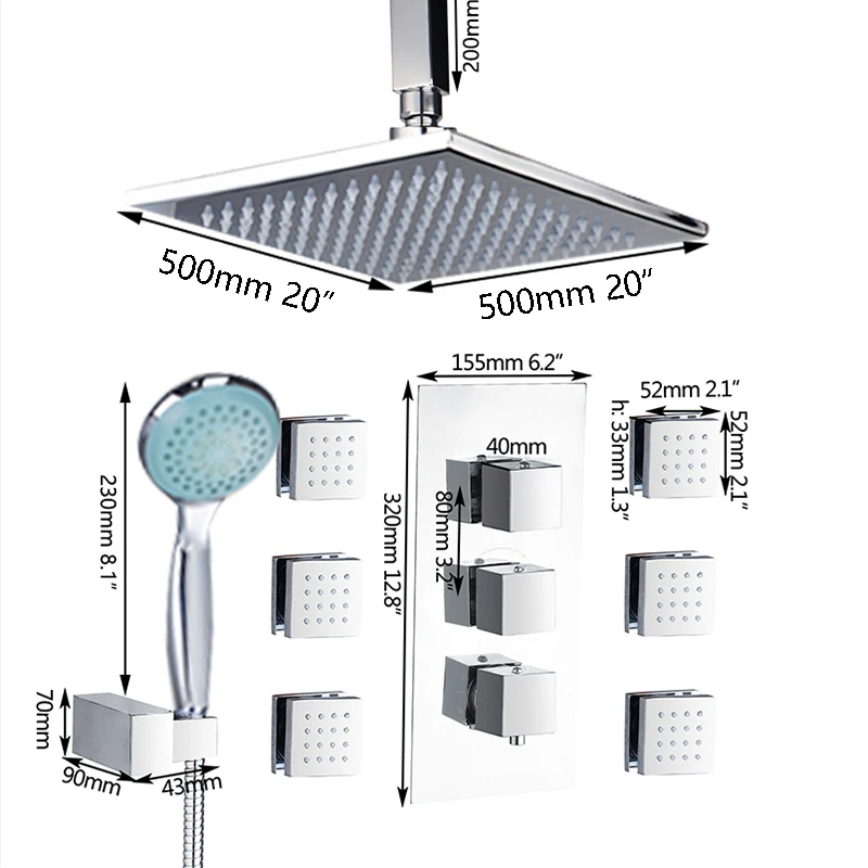 LED shower head hand YANKSMART 20 дюймов светодиодный душ и ручной душ для ванной комнаты настенный 6 шт. струй комплект смеситель для душа набор - Цвет: LED shower head hand