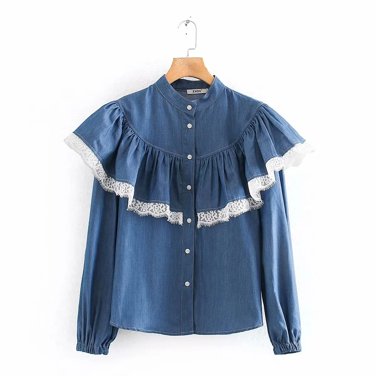 В винтажном стиле С кружевными оборками Джинсовая блузка для женщин blusas mujer de moda