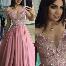 ПЫЛЬНАЯ РОЗА жемчуг Длинные Формальные Выпускные платья вечерние платья с открытыми плечами аппликация из кружева, вышитая бисером шифон пышные вечерние платья