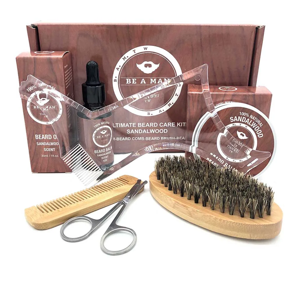 Beard Grooming Care Kit Men Mustache Oil Balm Wood Comb Brush Facial Hair Trimming Scissors Guide Shaving |