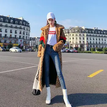 

2019 New European And American Style Splicing Fur Coat Sexy Leopard Windbreaker Long Faux Fur Rabbit Fur Coat