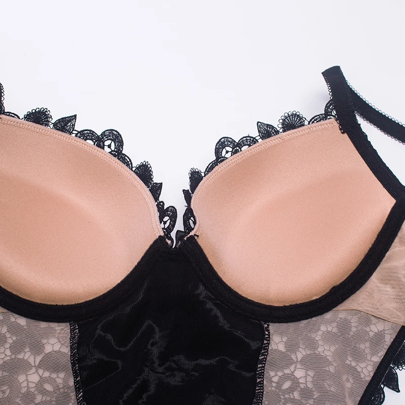 Sexy Lingerie Push Up Cup Strappy Style Stretchy Farbic Decorate With Lace  Wired Sexy Bodysuit For Women