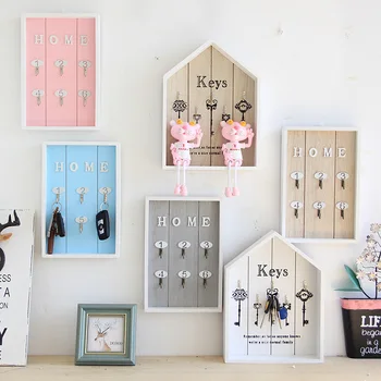 

Creative Wooden House Key Boxes Wall Hanging Jewelry Box Home Crafts Wall Shelf Porch Storage Rack Hanging Hook Shelf Wooden