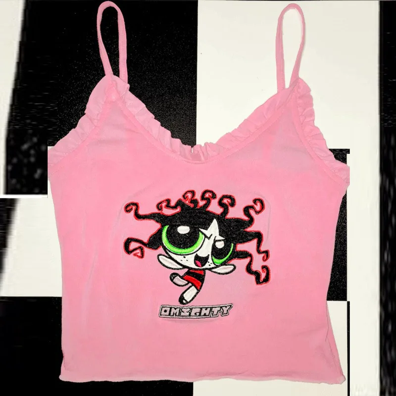 New Embroidery Pink Camis Tops Women Summer Sexy Streetwear Cartoon Powerpuff Print Cropped Cute Sleeveless Ruffle Vest 2020