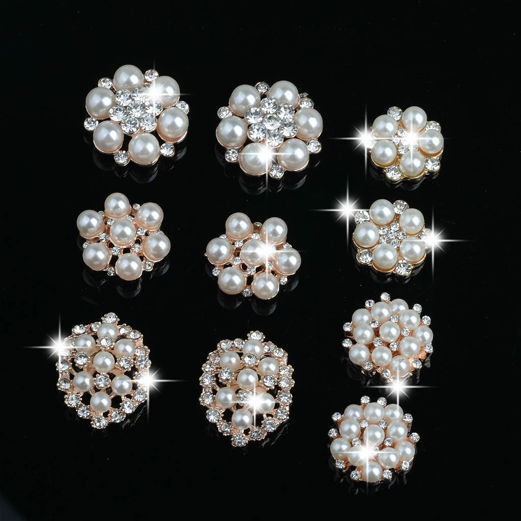 10 Pieces Assorted Alloy Flower Rhinestone Pearl Flatback Crafts Buttons Embellishments