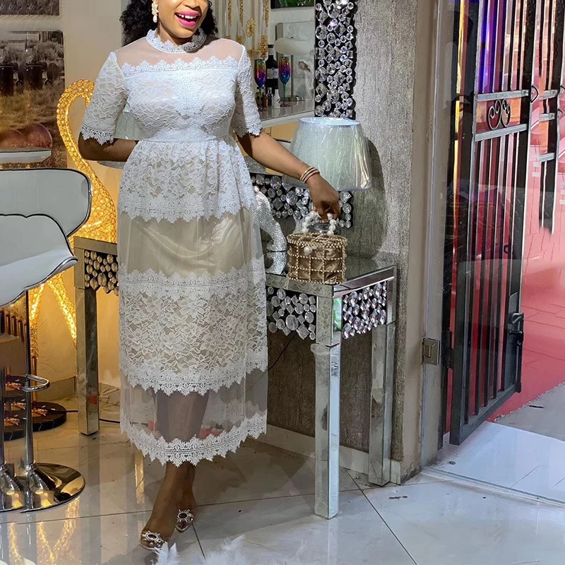

African Mesh Lace White Long Dresses Women Patchwork Robe Blue Elegant Big Size Femme Vestiods Party Dress Summer Fall Vintage