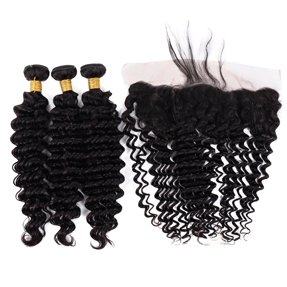 

Salonchat Deep Wave Bundles with Frontal Brazilian Hair Lace Frontal Closure with Bundle Remy Human Hair Bundles with Frontal