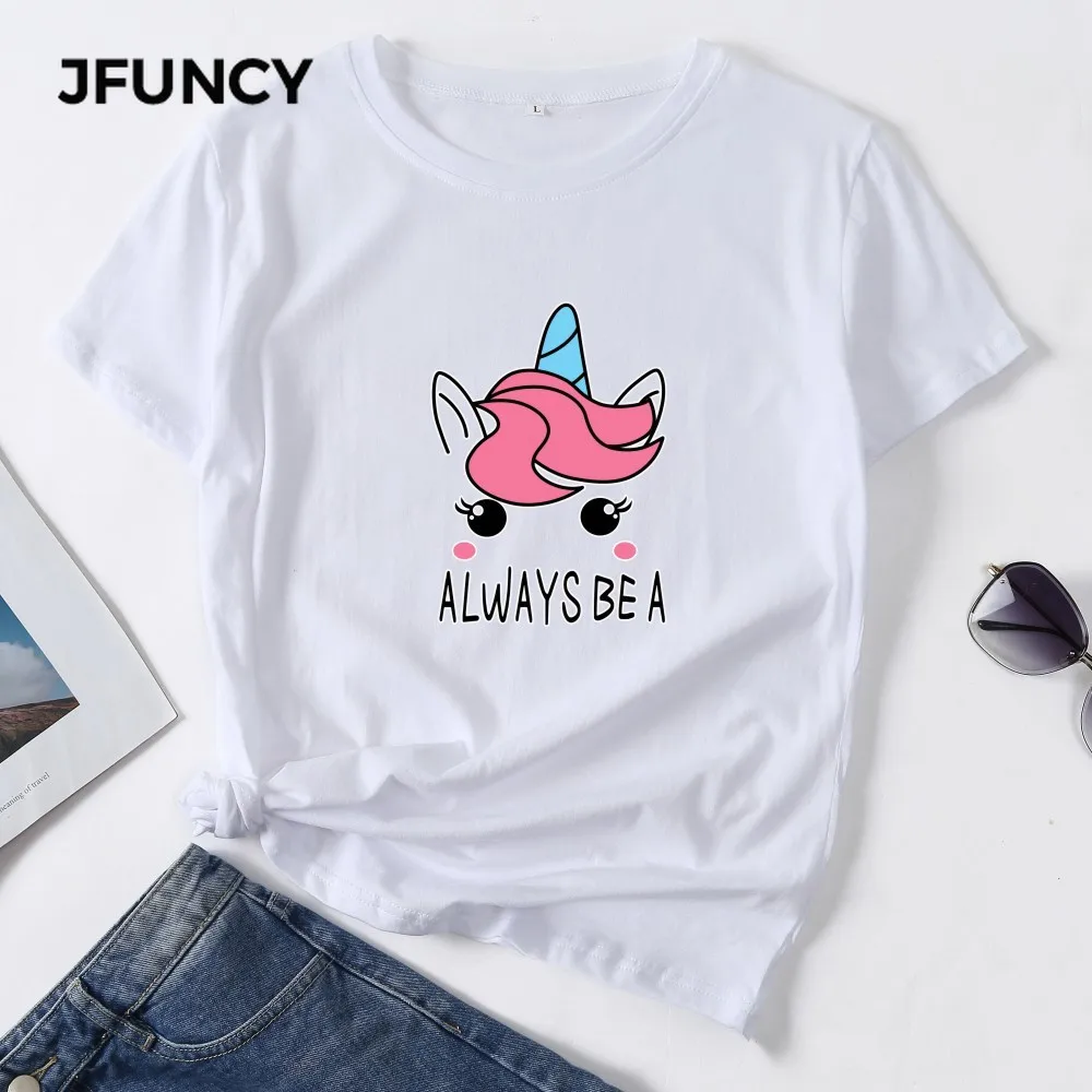 

JFUNCY 2020 Unicorn Printing Women T-shirt Spring Summer Short Sleeve Cotton Tshirt Korean Oversize Woman Tops Lady Basic Shirts