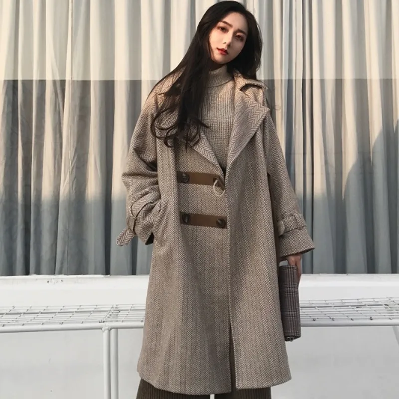 Осенне-зимнее модное двубортное пальто с длинными рукавами и отворотами в стиле пэчворк с карманами, повседневное Длинное свободное шерстяное пальто для женщин S836