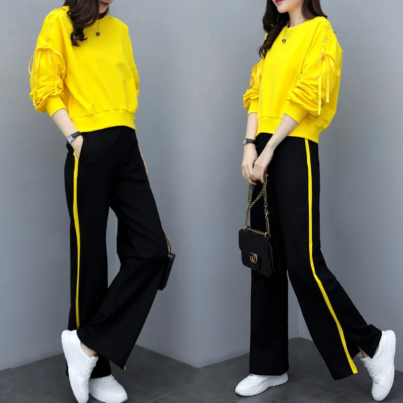

2020 Spring Autumn Sport Two Piece Sets Outfits Tracksuits Women Plus Size Ribbons Sweatshirt And Pants Suits Casual Fashion Set