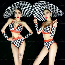 Ночной клуб бар DJ женский певец костюм для танца на пилоне сексуальный плед бикини костюм Хэллоуин Вечеринка Одежда Женская сценическая одежда DL5141
