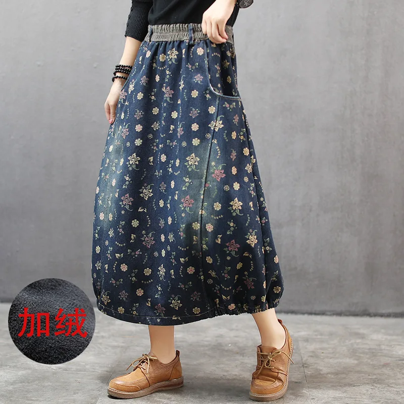 

Denim plus velvet thick retro autumn and winter new wild fleece elastic waist skirt cowgirl skirt 2019