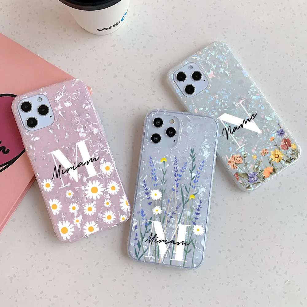 

Custom Name Phone Case Flowers and daisies For iPhone 11 12 Pro SE 7 8 Plus X XS XR Max Marble Texture Soft Silicone Cover