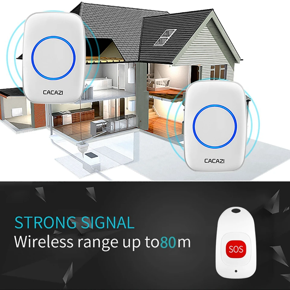 CACAZI Smart Home Wireless Pager Doorbell Old man Patient Emergency Alarm 80M Range 3 SOS Button 1 Receiver US EU UK Plug