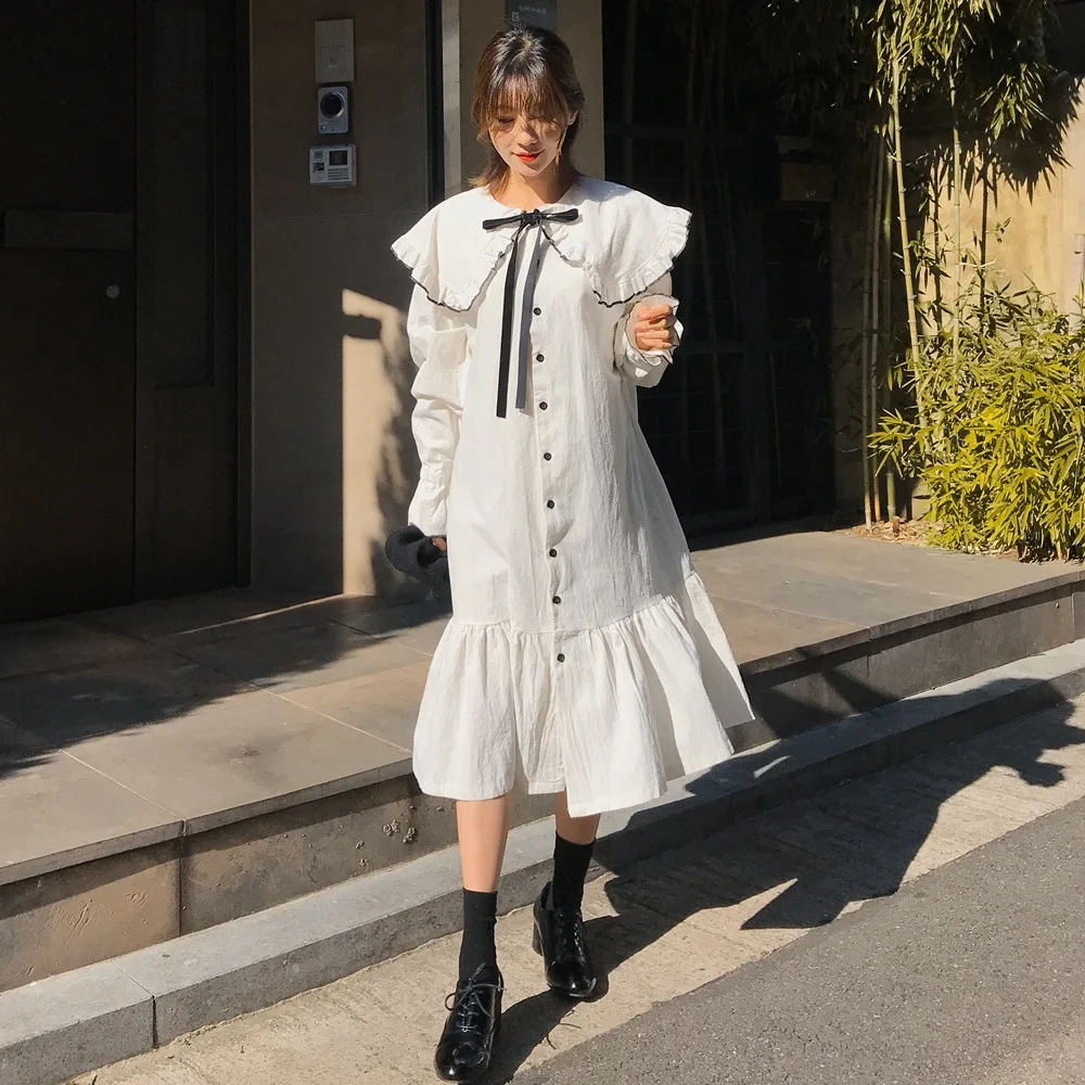 

Photo Shoot 2019 Spring New Style Korean-style Women's Fashion Retro CHIC-Style Single-Breasted Elegant Fairy Skirt Dress
