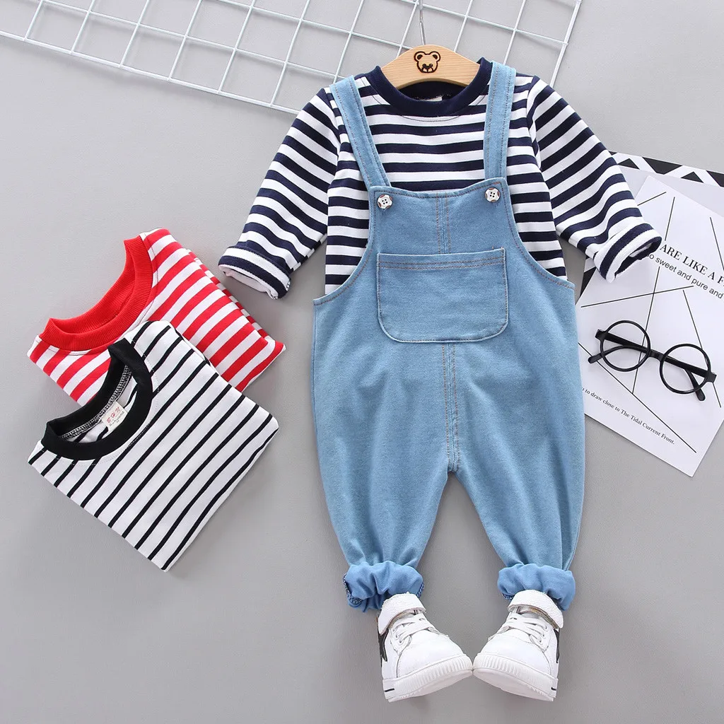 

Baby Girl Boy Stripe Long Sleeve T-shirt Tops+Denim Pants Sets Newborn Toddler Infant 2019 Autumn Fashion Outfits