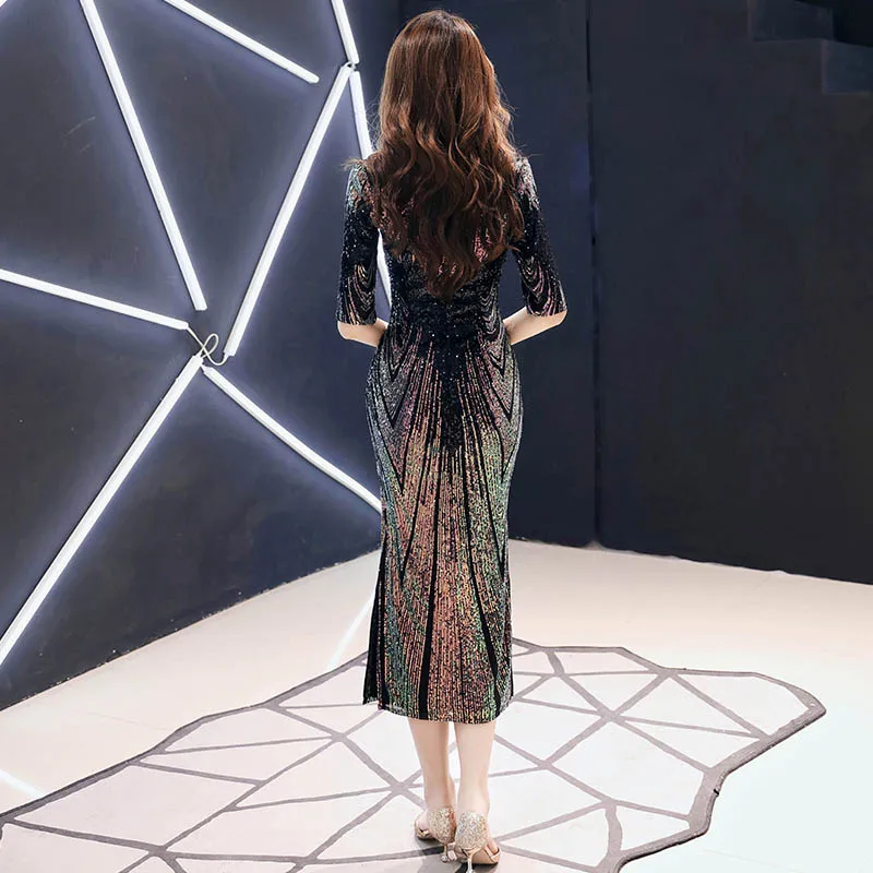 Robe De Soiree Новое Сексуальное вечернее платье с блестками, о-образный вырез, половина рукава, макси платье, вечерние платья для выпускного вечера AE474