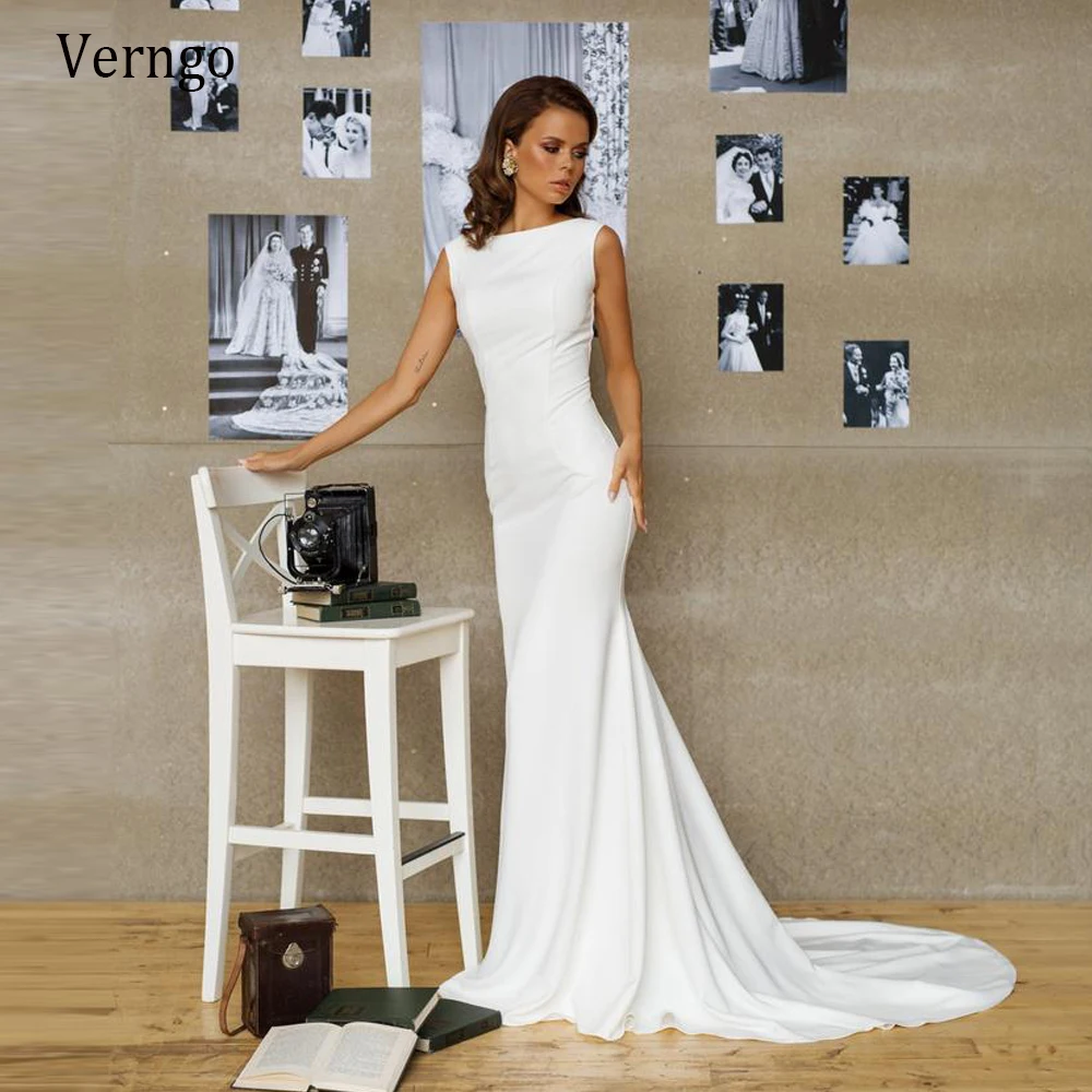 

Verngo Simple Soft Satin Mermaid Wedding Dress Elegant 2021 Boat Neck Fitted Slim Bride Dresses Backless Long Formal Dresses