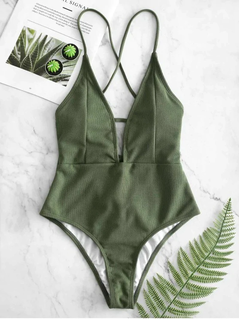 

CPUTAN 2020 Brown Solid One piece Swimsuit Women Deep V neck Halter Backless Slim Monokini Girls New Cut Out Swimwear S-L