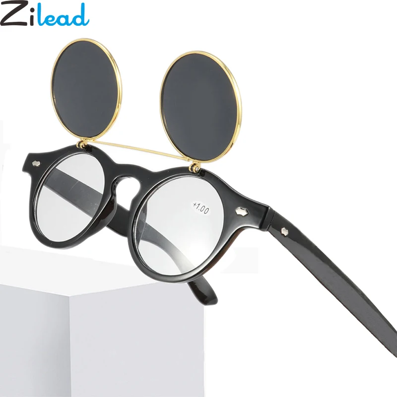 Zilead ретро круглые флип ап солнцезащитные очки для чтения сплав пребиопии мужчин