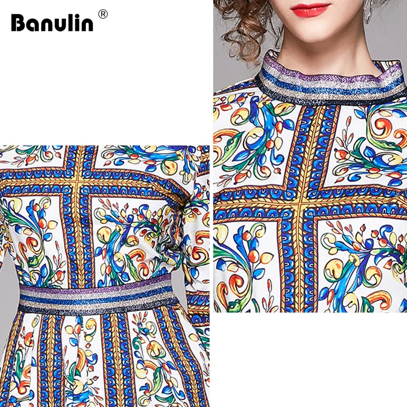 Banulin/осенние женские длинные платья, роскошные праздничные 3/4, с расклешенными рукавами, модные, с лоскутным принтом, фарфоровые, романтичные, подиумные платья